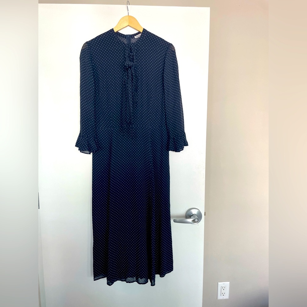 REFORMATION navy blue, pale blue polka dot midi dress